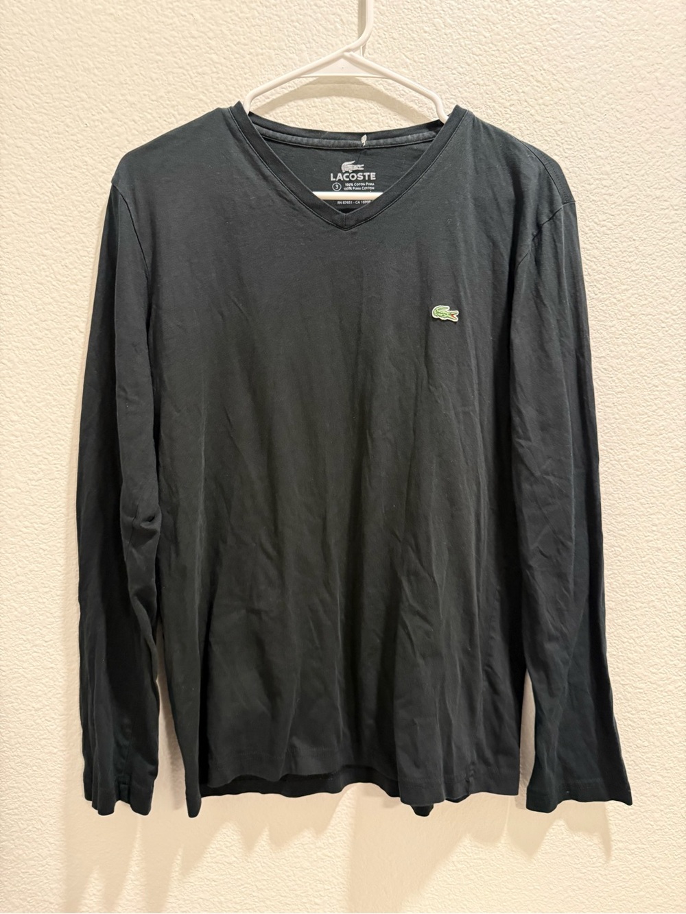 Lacoste Men's Long-Sleeve V-Neck Tee in Black with Green Logo